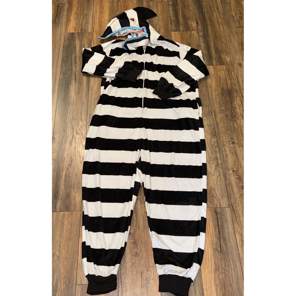 Beetlejuice Black & White Striped Hooded Sandworm One-Piece Costume Jumpsuit LXL - Picture 2 of 9